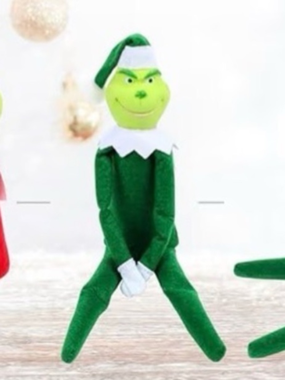 Grinch green Elf Doll Plush with White Collar and Hat shelf sitter New